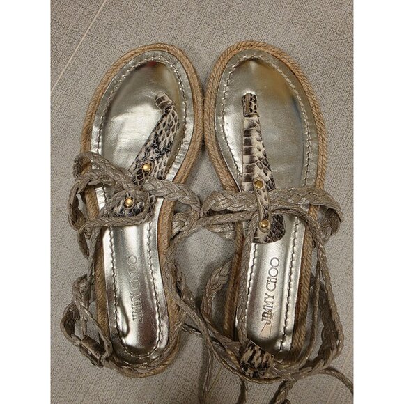 Jimmy Choo Snake Print & Metallic Espadrille Sandals Sz 37 Braided Lace-Up Boho - Picture 7 of 7